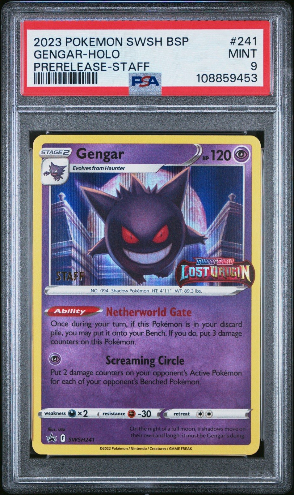 🔥 PSA 9 MINT STAFF GENGAR HOLO | LOST ORIGIN PRERELEASE SWSH241 | RARE 🔥 – Photo 2